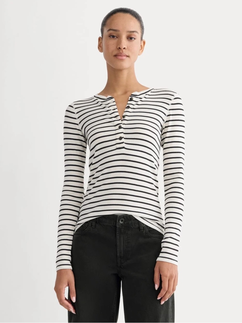 NSF Striped Ribbed Long Sleeve Henley Top Black White Small